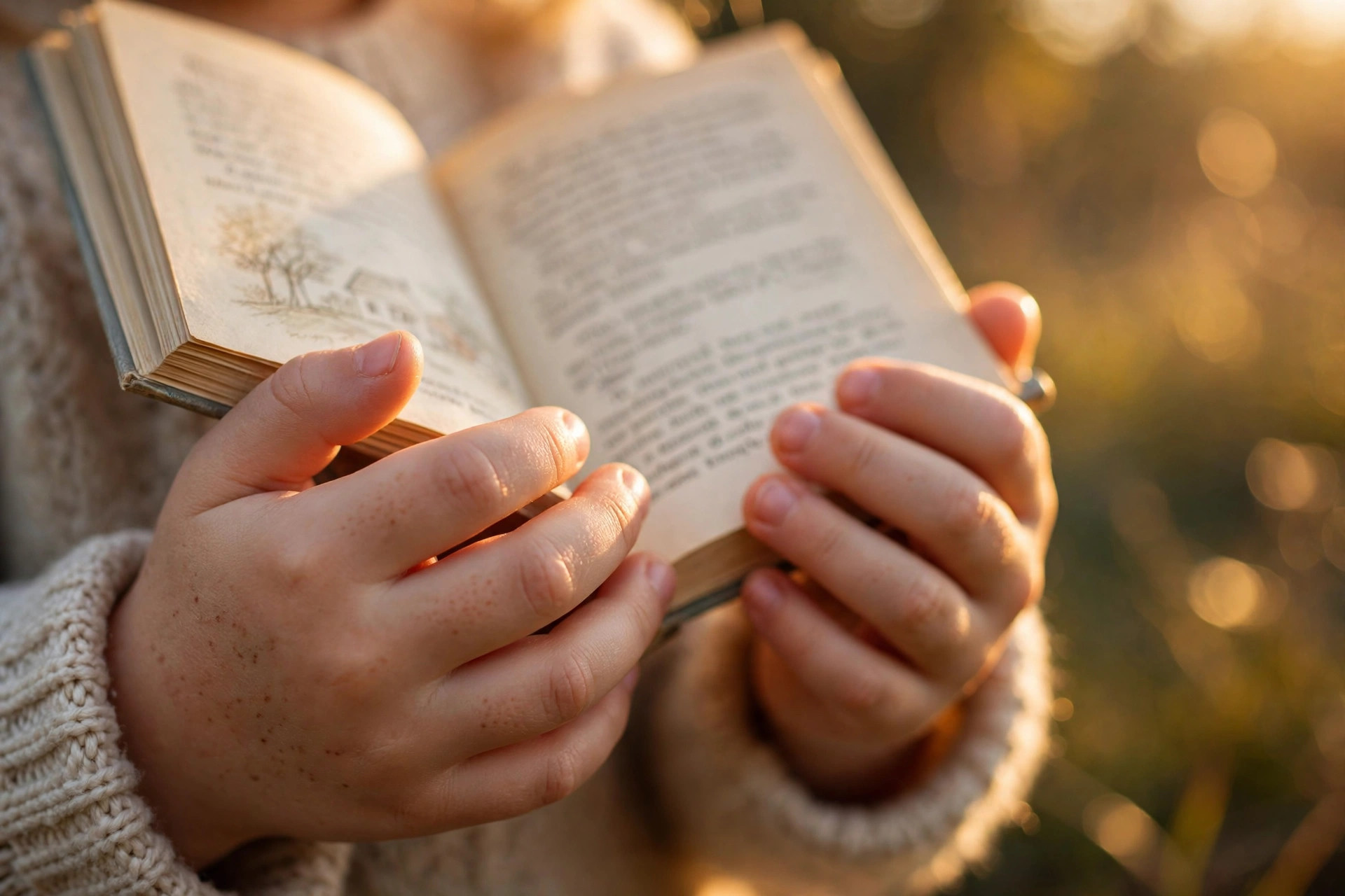 A child holding an open book in warm sunlight