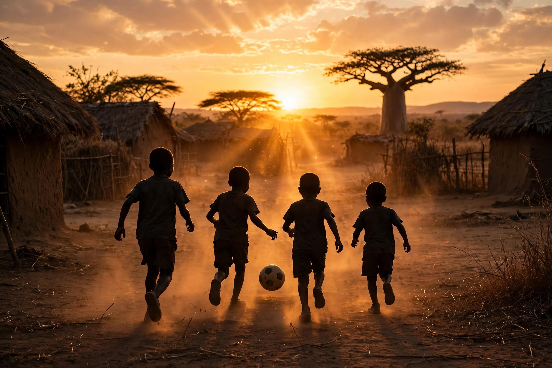 Children playing football together at sunset