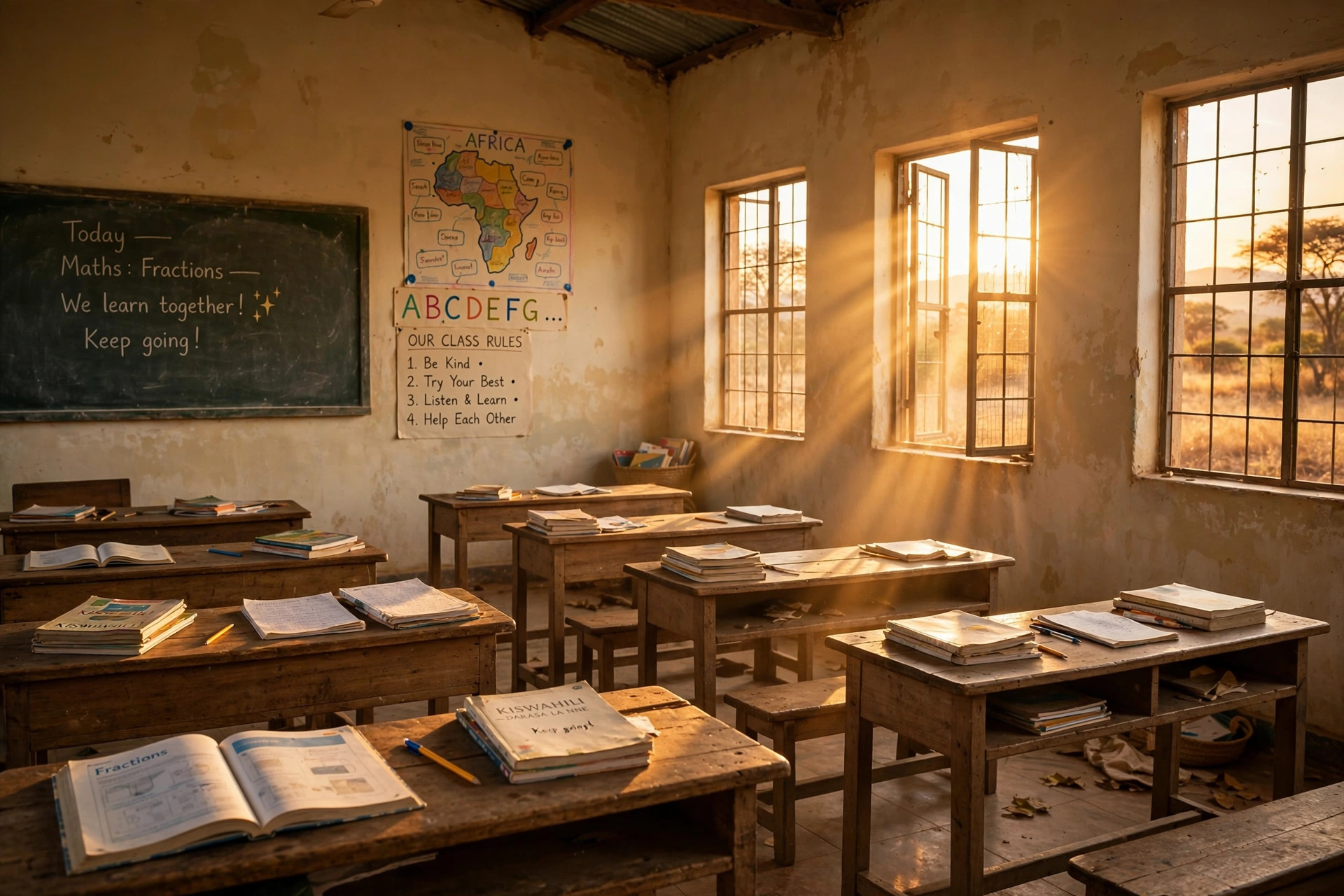 A sunlit classroom with desks and books ready for students