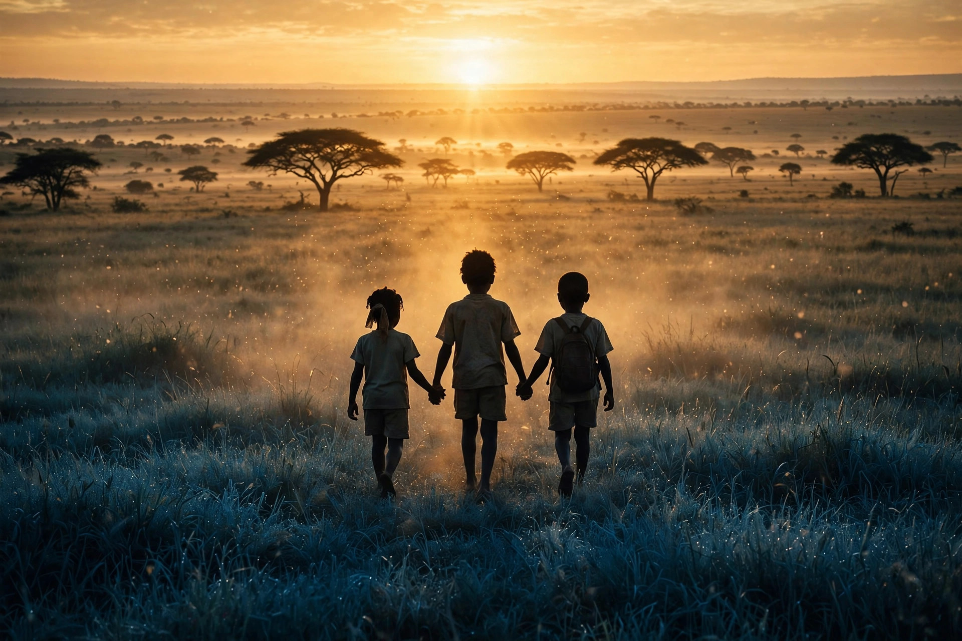 Three children walking together across a wide landscape at sunrise