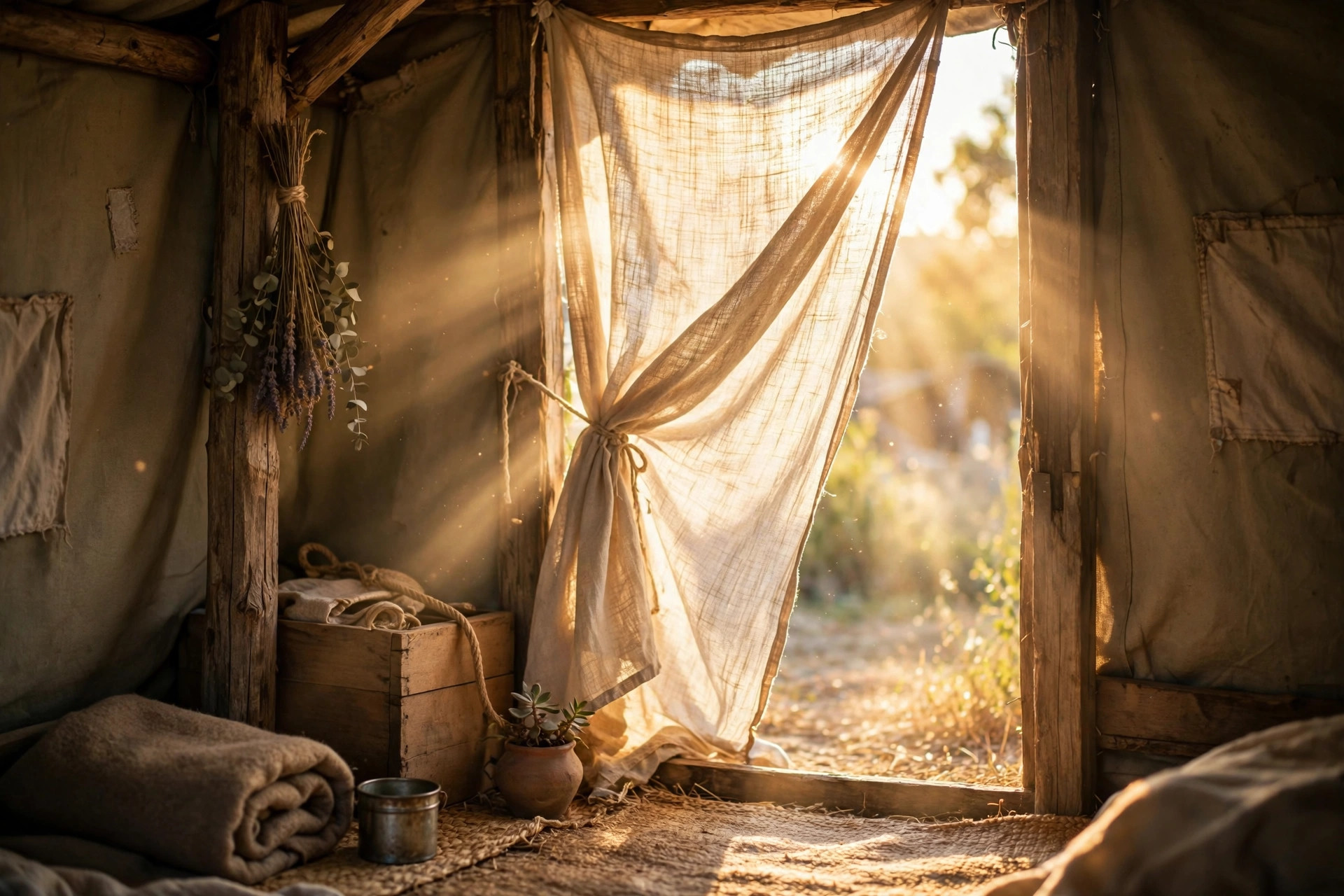 A modest shelter doorway opening into warm sunlight
